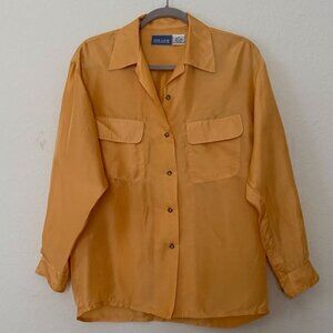 Vintage Oversized Silk Button Down Blouse Size S Orange Long Sleeve Top